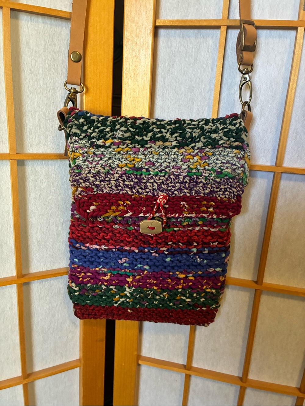 Handwoven Multicolor Stripe Crossbody Bag - Leather Strap